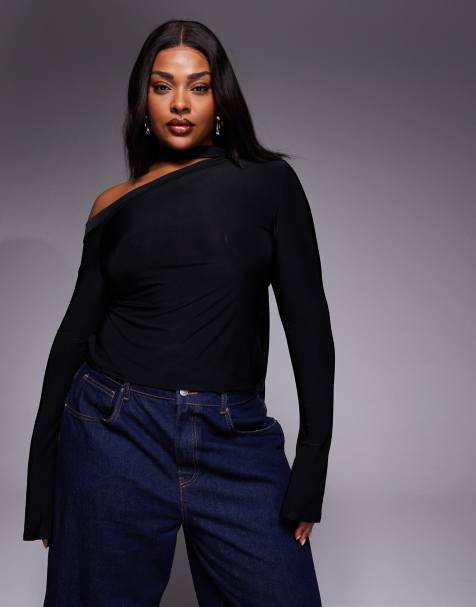 ASOS DESIGN Curve - Top van gladde stof met sjaal om de hals en blote schouder in zwart - view 1