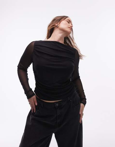 ASOS DESIGN Curve - Top van mesh met gedrapeerde boothals en lange mouwen in zwart - view 1