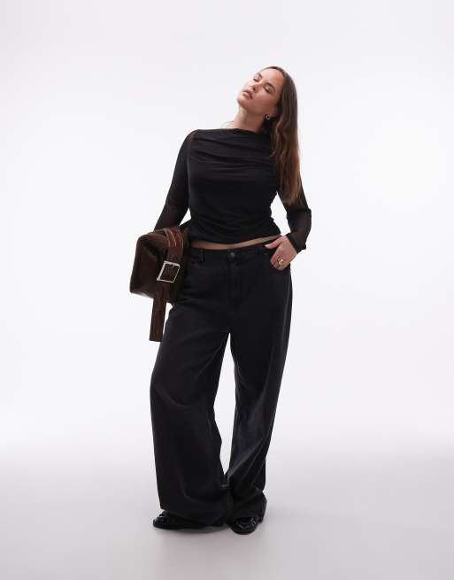 ASOS DESIGN Curve - Top van mesh met gedrapeerde boothals en lange mouwen in zwart, 2 van 4