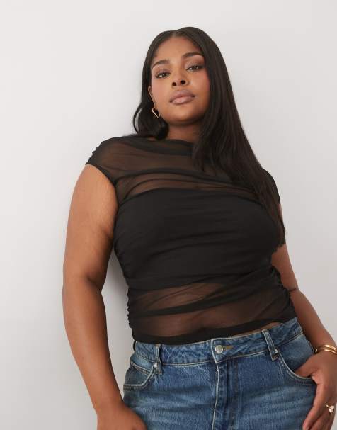 ASOS DESIGN Curve top van mesh met korte mouwen, gerimpeld en met blote schouders in zwart - view 1