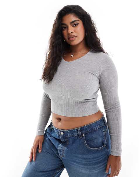 ASOS DESIGN Curve - Top van wafelstof met lange mouwen en mini V-hals in gemêleerd grijs - view 1
