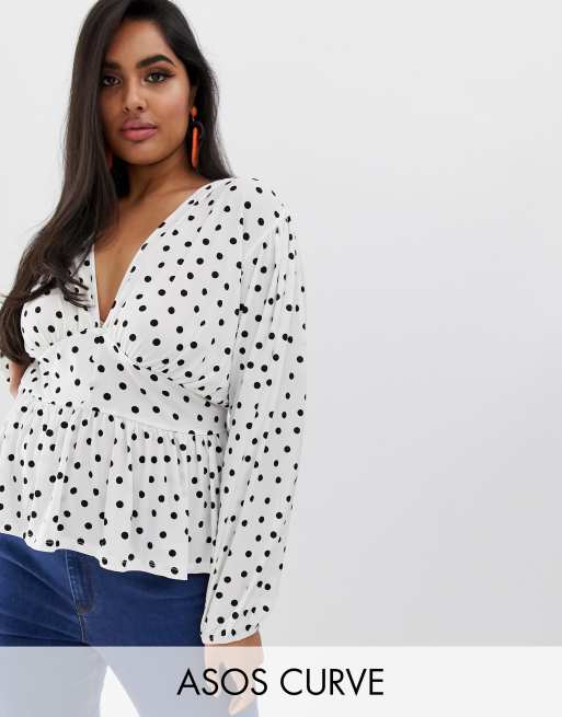 ASOS DESIGN Curve top with balloon sleeve and corset waist in mono spot print