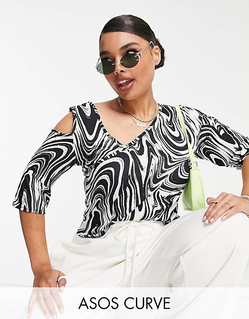 ASOS DESIGN Curve top with cut out in mono swirl print