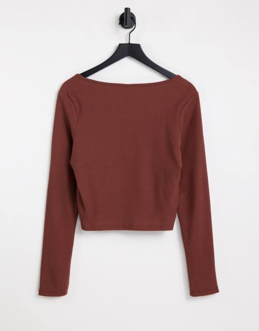 ASOS DESIGN Curve top with notch neck in waffle with long sleeve in brown , 3 of 4