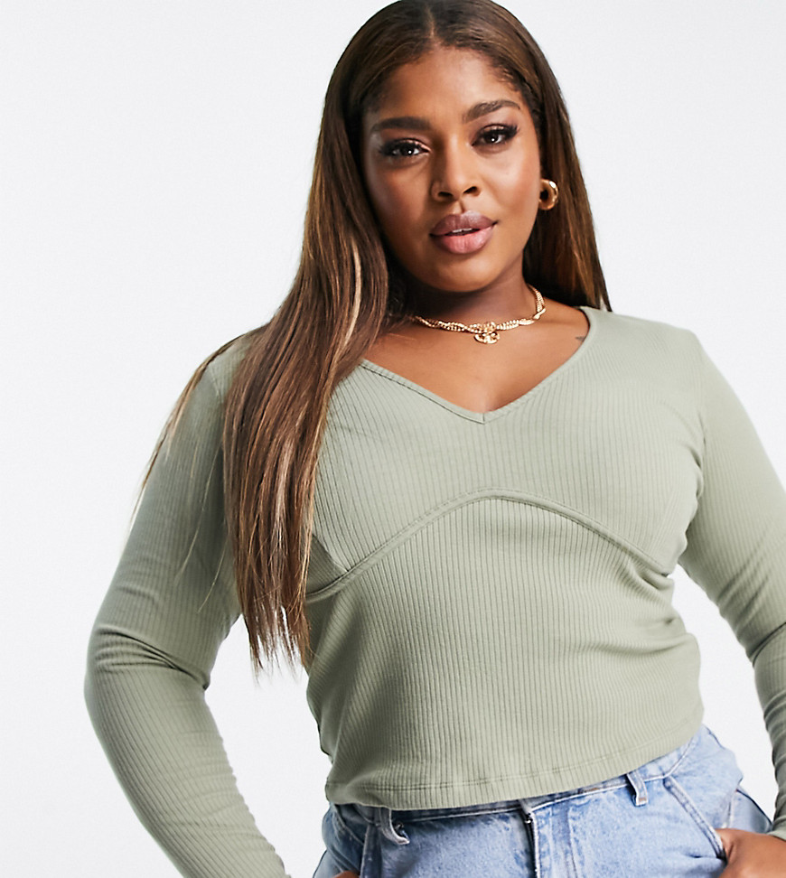 ASOS DESIGN Curve top with plunge neck and bust seam in rib in olive-Green