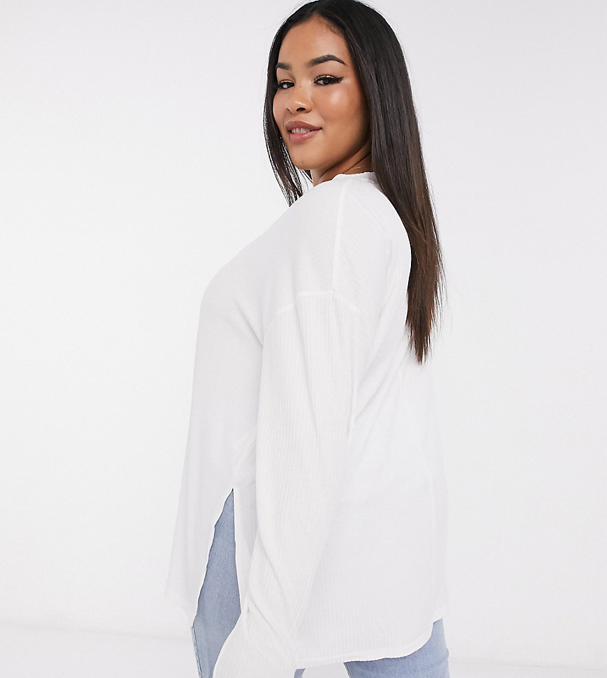 ASOS DESIGN Curve top with side slits and long sleeve in clean rib in white