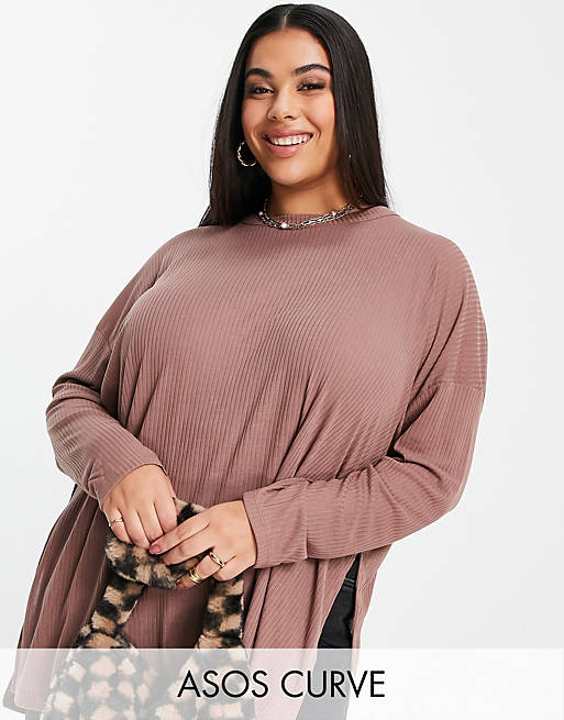 ASOS DESIGN Curve top with side splits and long sleeve in clean rib in dusty rose