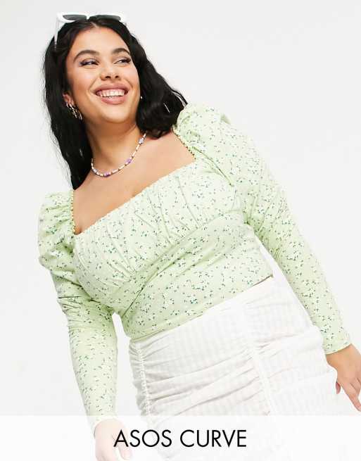 ASOS DESIGN Curve – Top z długimi rękawami, dekoltem karo i marszczeniem na biuście w kwiaty