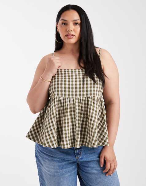 ASOS DESIGN Curve tie shoulder peplum cami top in gingham