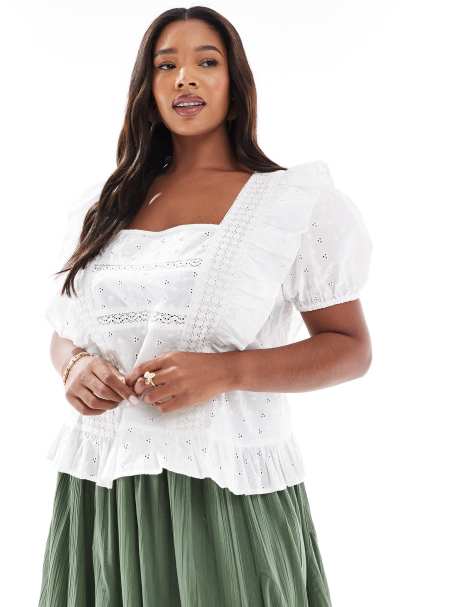 ASOS DESIGN Curve – Topp i broderie anglaise med fyrkantig halsringning och volanger - view 1