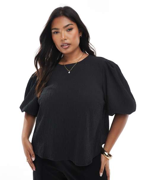 ASOS DESIGN Curve – Topp i krinklat tyg med puffärmar - view 1