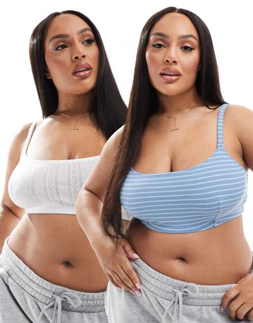 ASOS DESIGN Curve Tori 2 pack cropped bralette in blue stripe and white pointelle