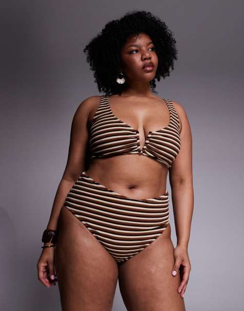ASOS DESIGN Curve Tori Frottee-Bikini-Shorts mit Streifen in Karamellstreifen - view 1