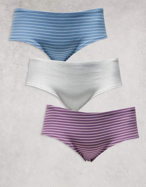 ASOS DESIGN Curve - Tori - Lot de 3 culottes taille basse - Bleu et violet à rayures et blanc pointelle