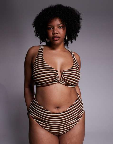 ASOS DESIGN Curve - Tori - Top bikini in spugna color caramello a righe con ferretto a V - view 1