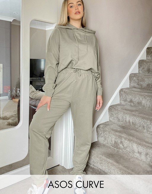 ASOS DESIGN Curve tracksuit hoodie / slim jogger with tie in organic cotton in pale khaki