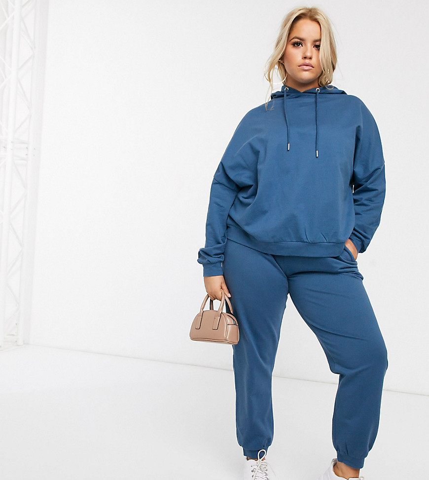 ASOS DESIGN Curve tracksuit hoodie/slim jogger with tie in organic cotton-Blue