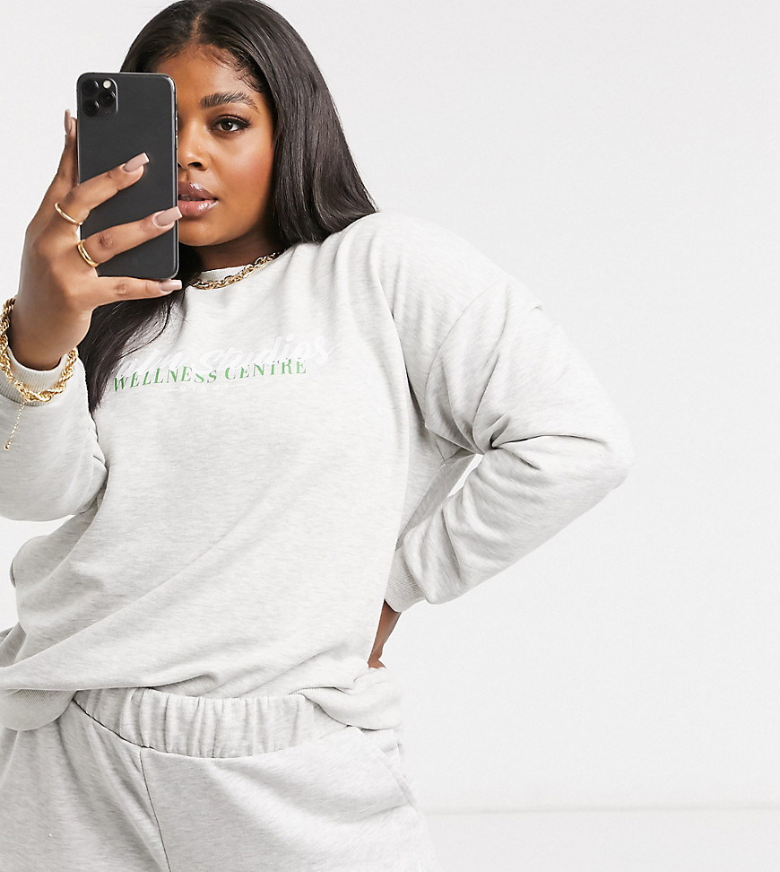 ASOS DESIGN Curve tracksuit oversized sweat with wellness logo / oversized jogger in gray marl