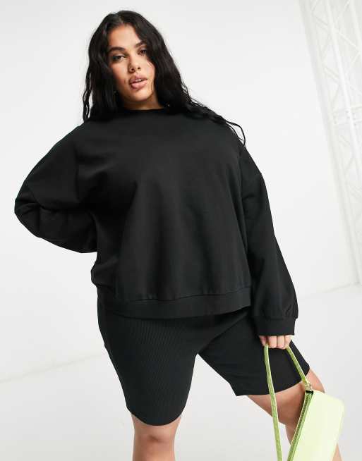 ASOS DESIGN Curve tracksuit sweatshirt ribbed legging short in black