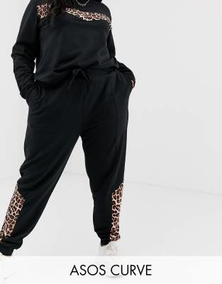 ASOS DESIGN Curve tracksuit with animal paneled sweat / skinny jogger-Black