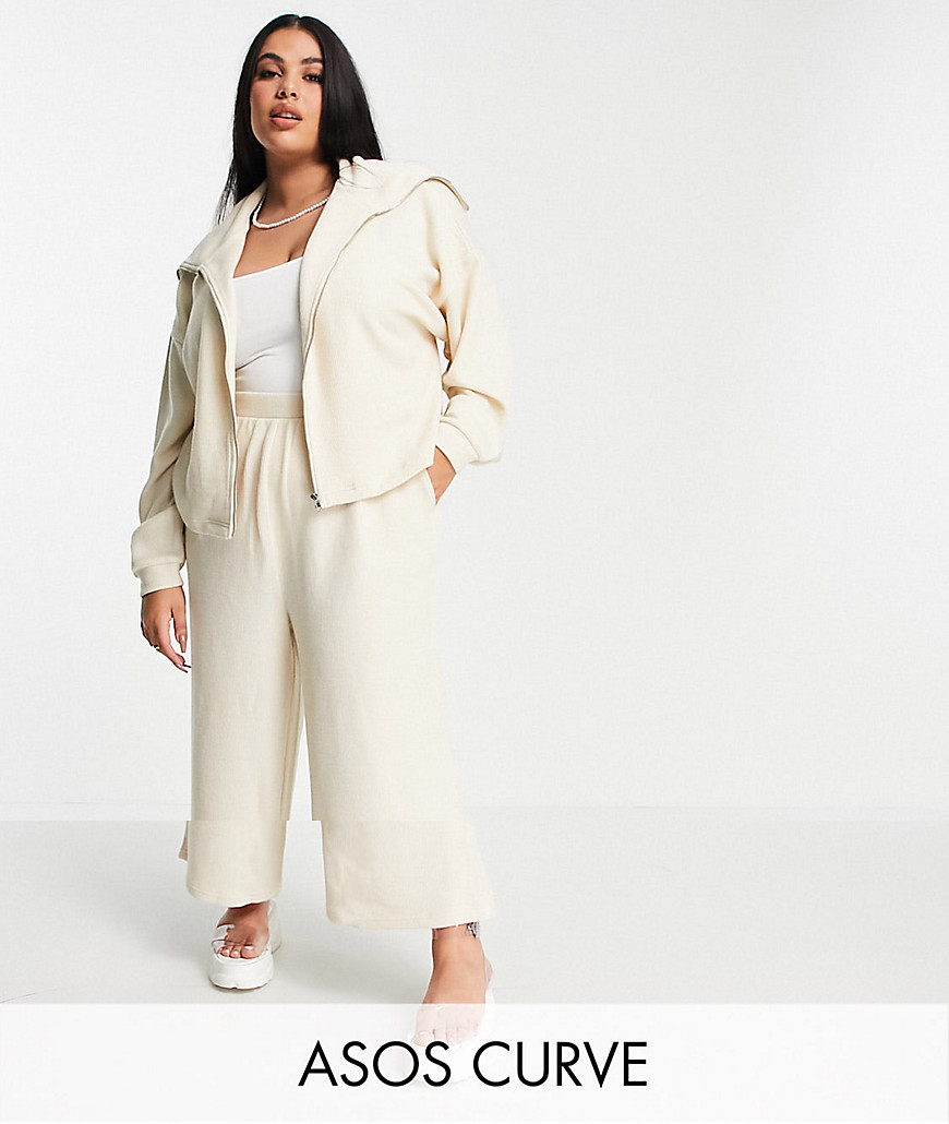 Asos Curve Asos Design Curve Tracksuit Zip Through Hoodie / Culotte Pant In Fluffy Texture In Beige-white