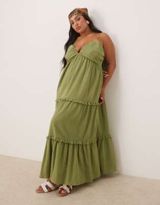 ASOS DESIGN Curve - Träger-Maxikleid in Olivgrün mit Knitteroptik