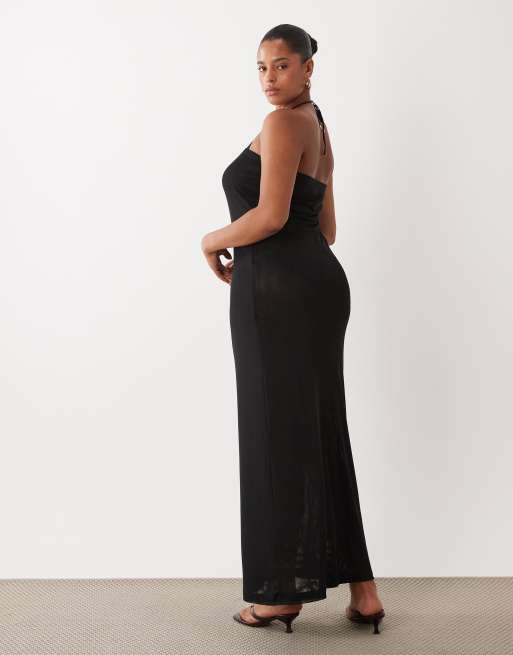 ASOS DESIGN Curve – Trägerloses Maxikleid aus transparentem Netzstoff in Schwarz, 4 von 4
