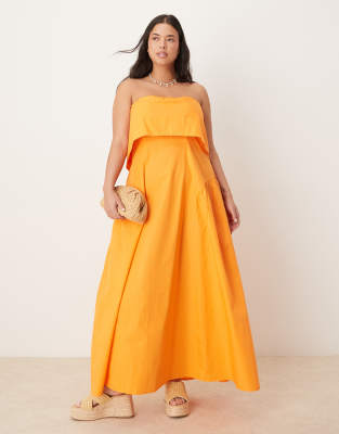 ASOS DESIGN Curve - Trägerloses Midikleid in Orange mit umgeschlagenem Ausschnitt und Godetfalten