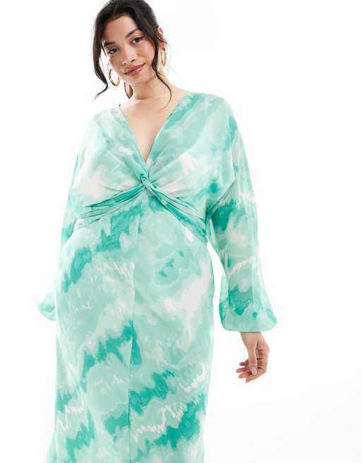 ASOS DESIGN Curve – Transparentes Midikleid in Grün mit geknoteter Vorderseite und Batikmuster, 2 von 4