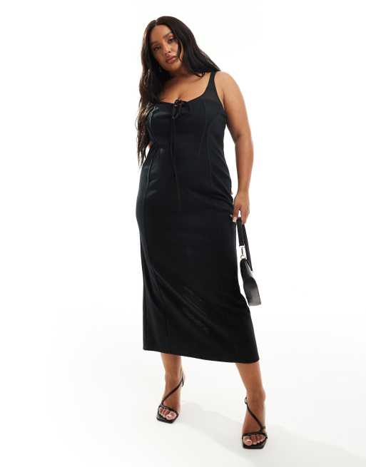 ASOS DESIGN Curve – Transparentes Midikleid in Schwarz mit Körbchendetail und geschnürter Vorderseite