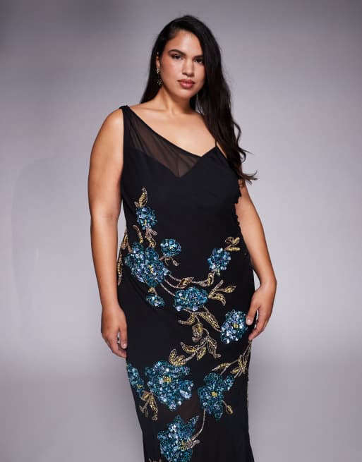 ASOS DESIGN Curve – Transparentes, verziertes Maxikleid in Schwarz mit herabfließendem Blumenmotiv, 2 von 4