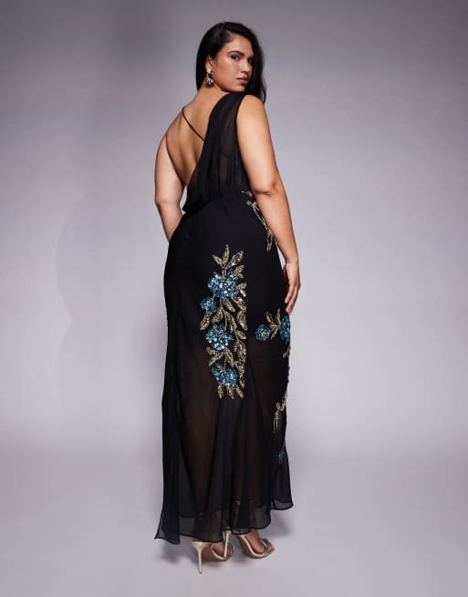 ASOS DESIGN Curve – Transparentes, verziertes Maxikleid in Schwarz mit herabfließendem Blumenmotiv, 3 von 4