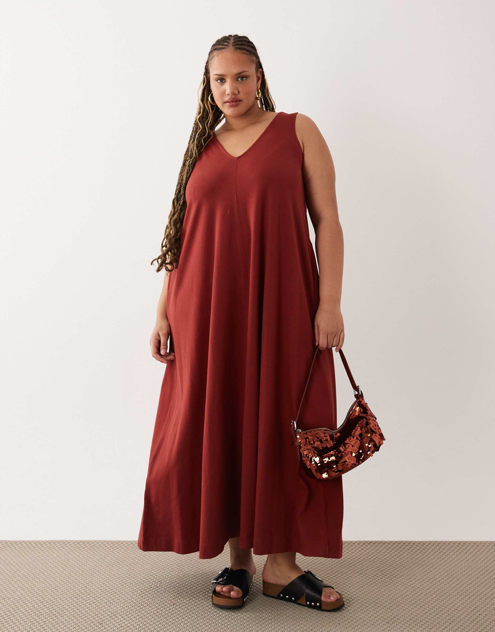 asos design curve trapeze maxi dress in chestnut