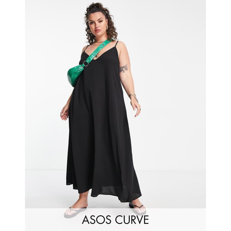 ASOS DESIGN Curve trapeze maxi slip dress in black | ASOS