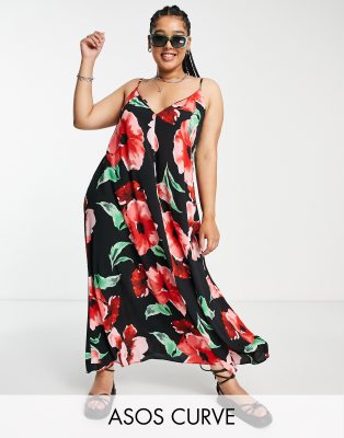 Asos Curve Asos Design Curve Trapeze Maxi Slip Dress In Large Floral Print-multi