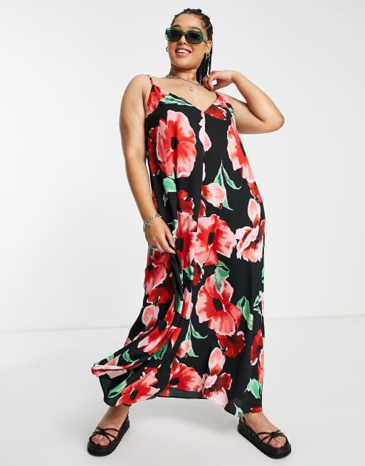 ASOS DESIGN Curve trapeze maxi slip dress in large floral print, 2 of 4