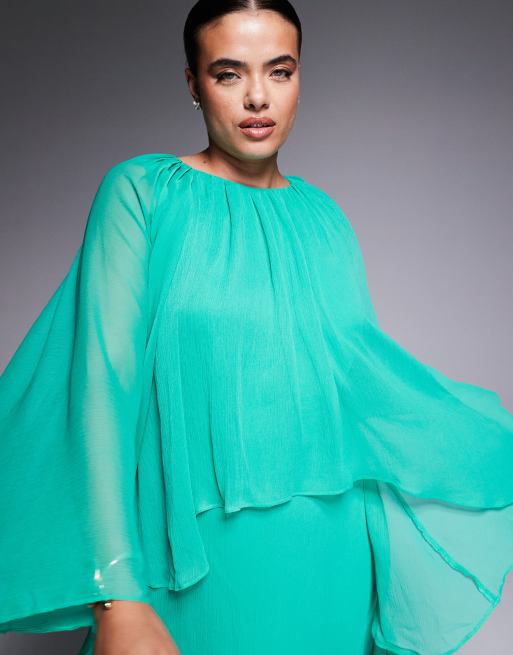 ASOS DESIGN Curve trapeze overlay chiffon maxi dress with ruffles in aqua, 3 of 4