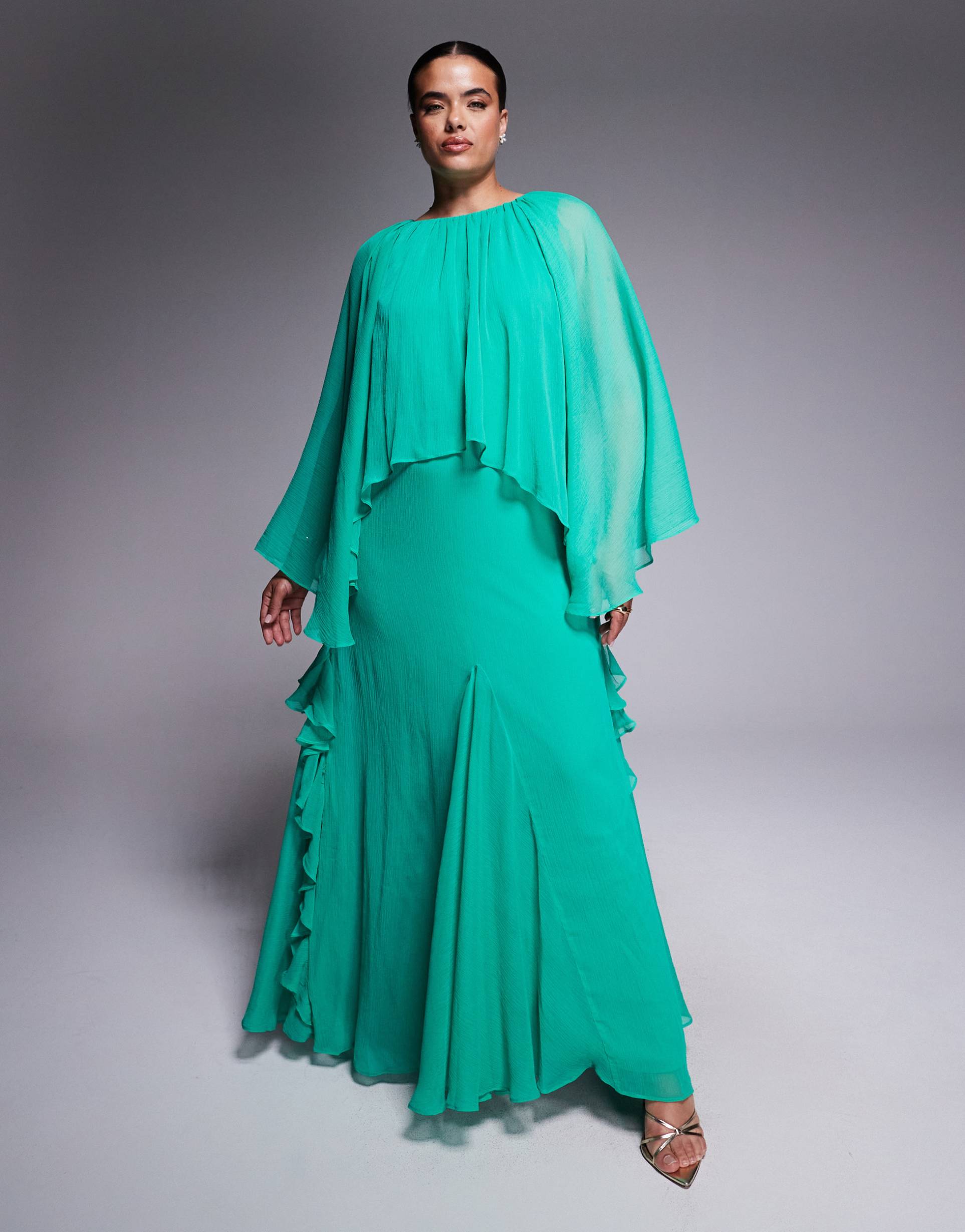 asos design curve trapeze overlay chiffon maxi dress with ruffles in bright aqua