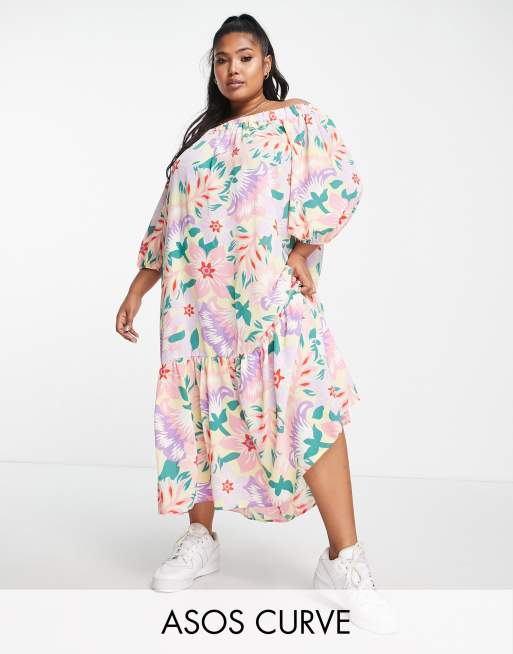 ASOS DESIGN Curve - Trapezformet offshoulder-maxikjole med peplum-kant og blomsterprint 