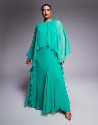 ASOS DESIGN Curve - Trapezförmiges Chiffon-Maxikleid in leuchtendem Aqua mit Overlay und Rüschen-Blau