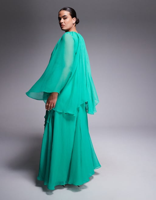 ASOS DESIGN Curve – Trapezförmiges Chiffon-Maxikleid in leuchtendem Aqua mit Overlay und Rüschen, 2 von 4