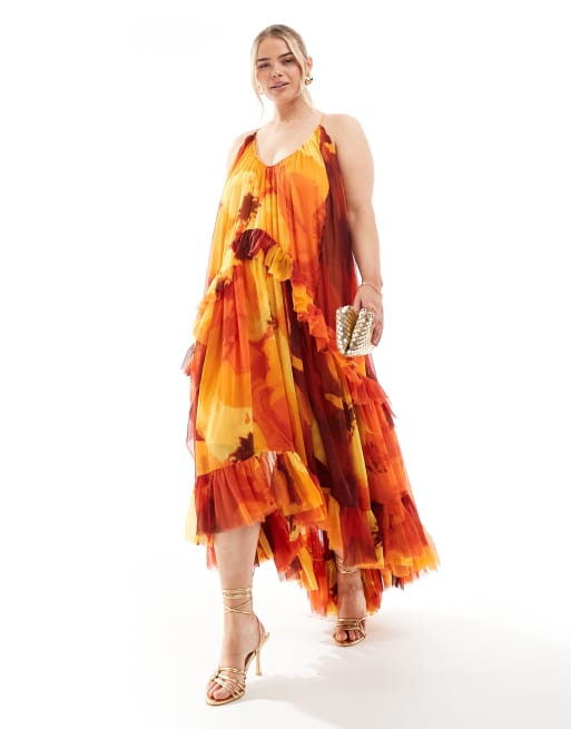ASOS DESIGN Curve – Trapezowa sukienka maxi z falbanką i dekoltem w łódkę w jaskrawy kwiatowy wzór 