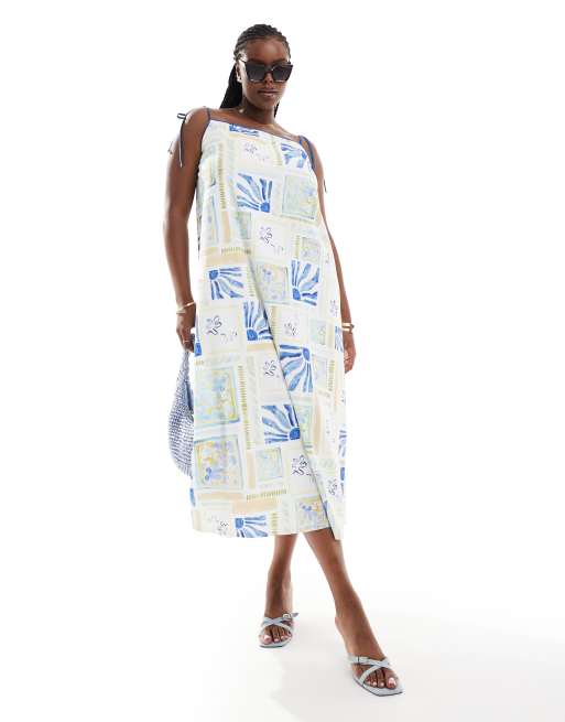 ASOS DESIGN Curve – Trapezowa sukienka maxi z kontrastowymi ramiączkami w letni kafelkowy wzór