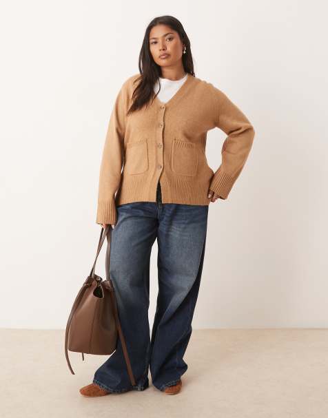 ASOS DESIGN Curve – Trapezowy kardigan o fasonie boyfriend z kieszeniami i neutralnym kolorze - view 1