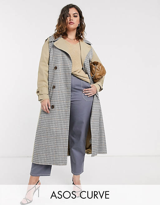 ASOS DESIGN Curve trench coat with check splicing