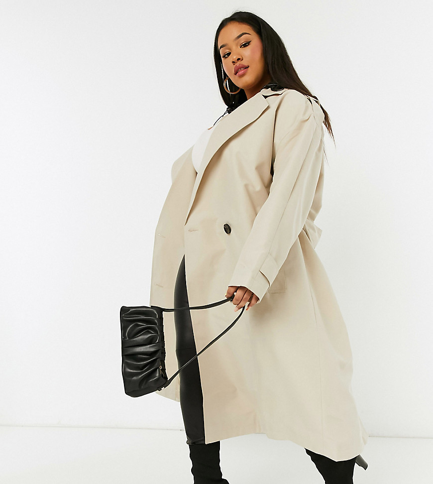ASOS DESIGN Curve trench coat with detachable leather look hood in stone-Beige