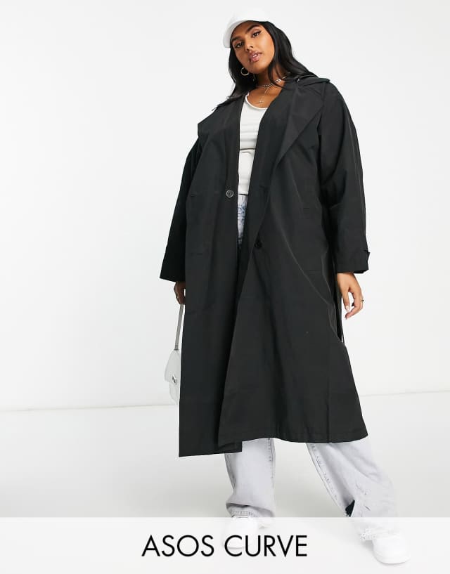 ASOS DESIGN Curve trench coat with faux leather hood in black