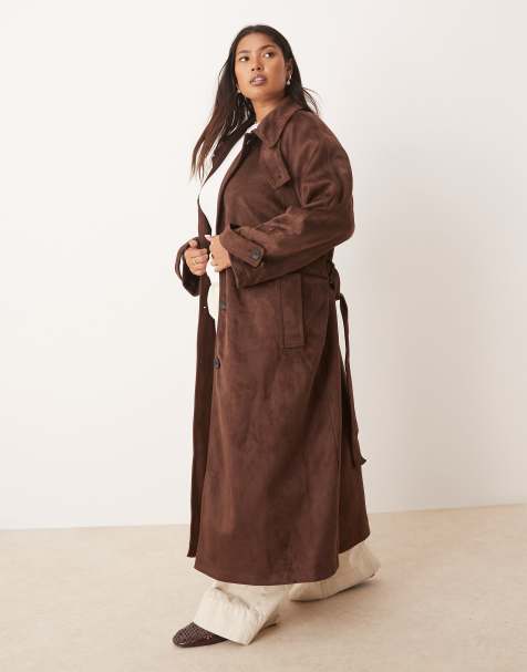 ASOS DESIGN Curve - Trench color cioccolato in camoscio sintetico con collo a imbuto - view 1