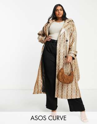 Asos Design Curve - Trench Color Cuoio Con Stampa Pitonata-Neutro