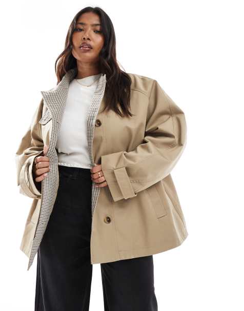 ASOS DESIGN Curve - Trench stile mantella con fodera a quadri color segale - view 1